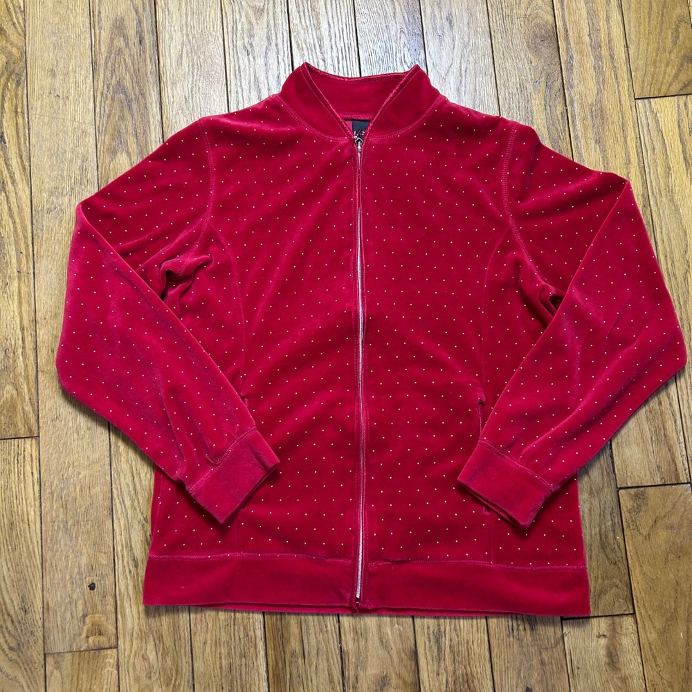 Erika Red Velour Polka Dot Track Jacket Rhinestone Zip Small Mock Neck Y2K Style